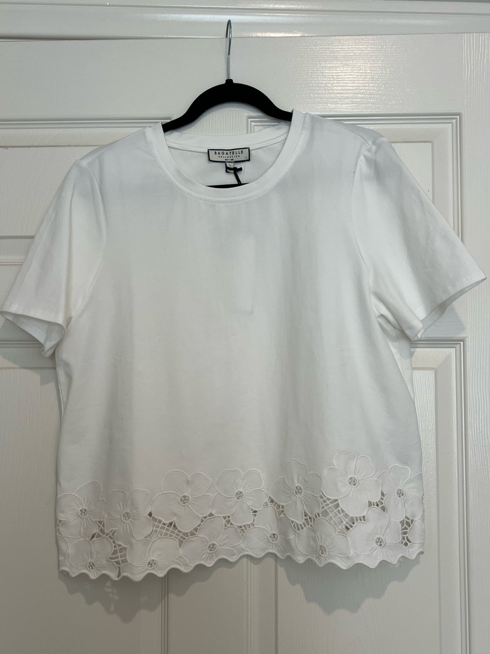 bagatelle White Short Sleeve Top with Floral Eyelet Hem